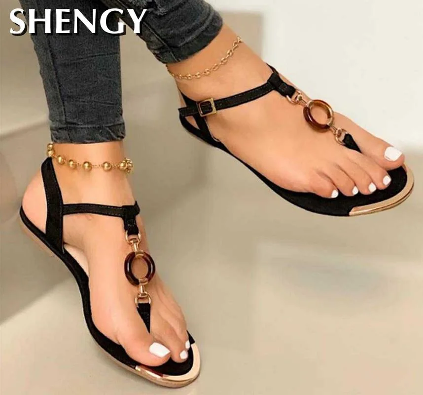 2020 Women Summer Shoes Fashion Flat Heel Clip Toe Feet Roman Buckle Large Size Female Sandals Comfortable Sandalias Mujer