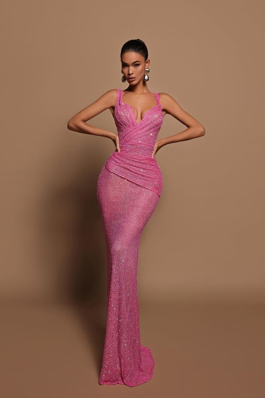 Sexy Pink Long Sequins Prom Dress V-Neck Mermaid Sleeveless YL0268