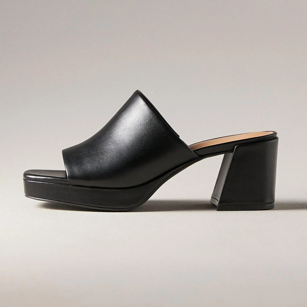 Women's Black Vegan Leather Open Square Toe Block Heeled Mules