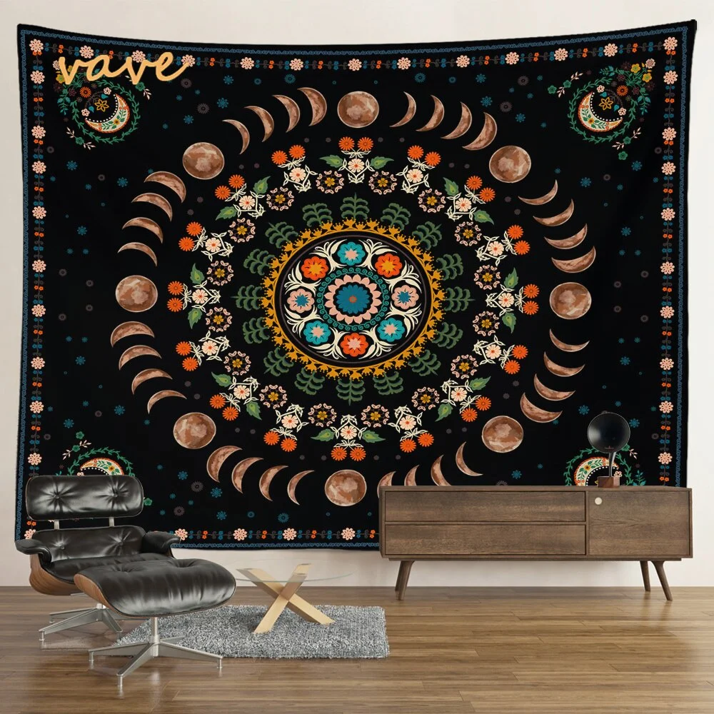 Nigikala Phase Tapestry Black and White Wall Hanging Boho Hippie Mandala Cloth Fabric Tapestry Flower Aesthetic Room Dorm Decor