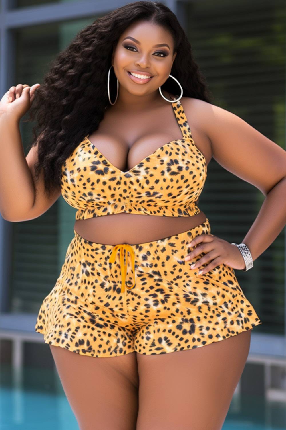 Design Plus Size Beach Yellow Leopard Swimsuit Fabric Two Pieces Swimsuit [Pre-Order]