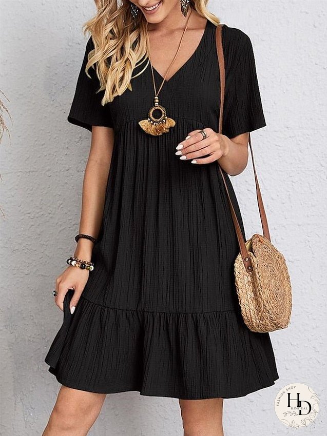 Casual Dress Shift Dress Plain Dress Plain Ruffle V Neck Midi Dress Basic Classic Outdoor Daily Short Sleeve Loose Fit Black Pink Red Spring Summer S M L XL XXL for Women