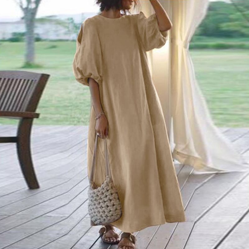 Ancient Women Elegant Lantern Long Sleeves Dress Chinese Style O-Neck Plus Size Casual Loose Dress Autumn Solid Loose Vestidos