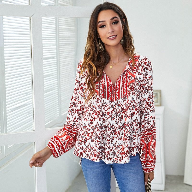 2022 Floral Print Blouse Women Fashion V Neck Long Sleeve Loose Office Ladies Casual Shirt Vintage Chic Plus Size Blusas Tops