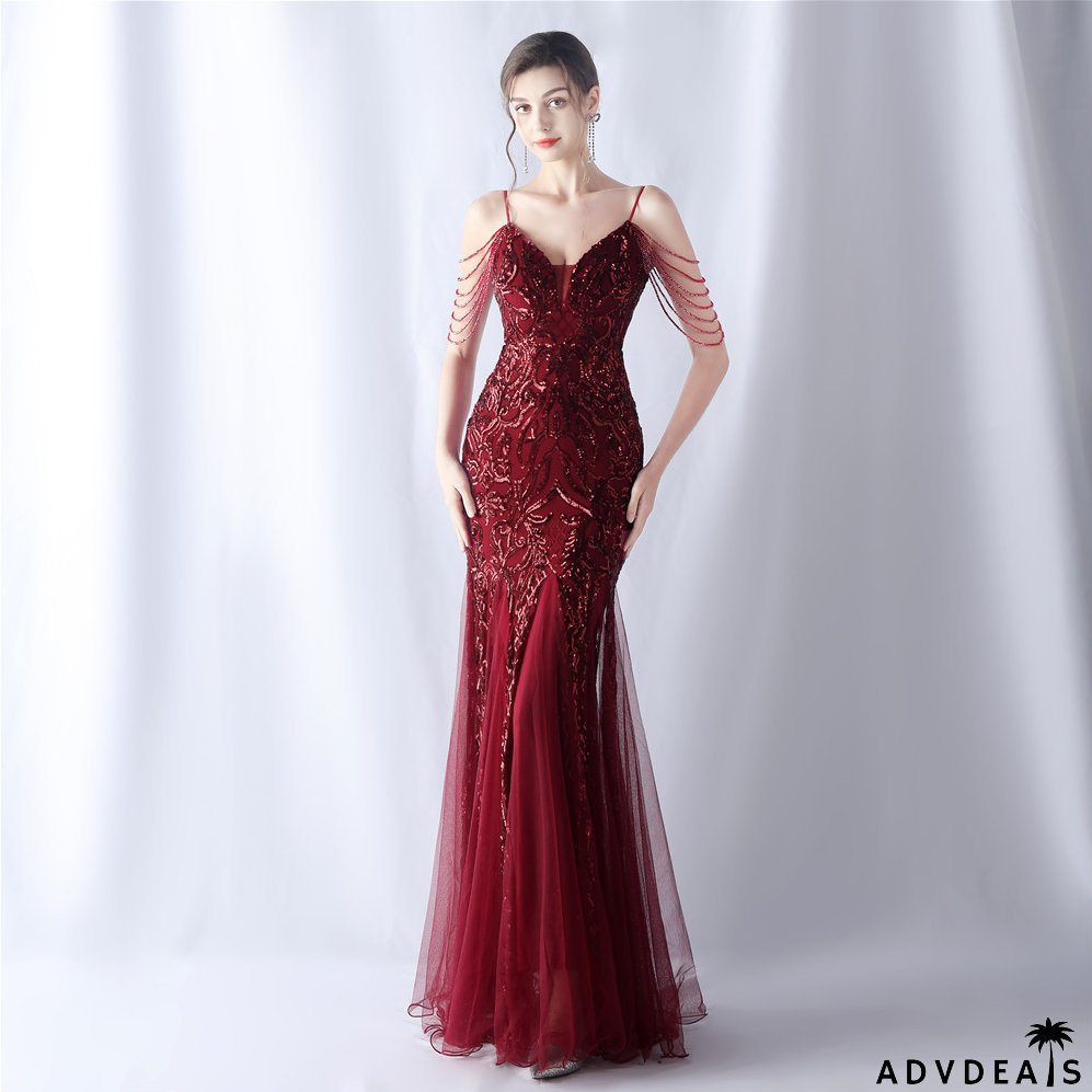 Women beaded mesh evening dress