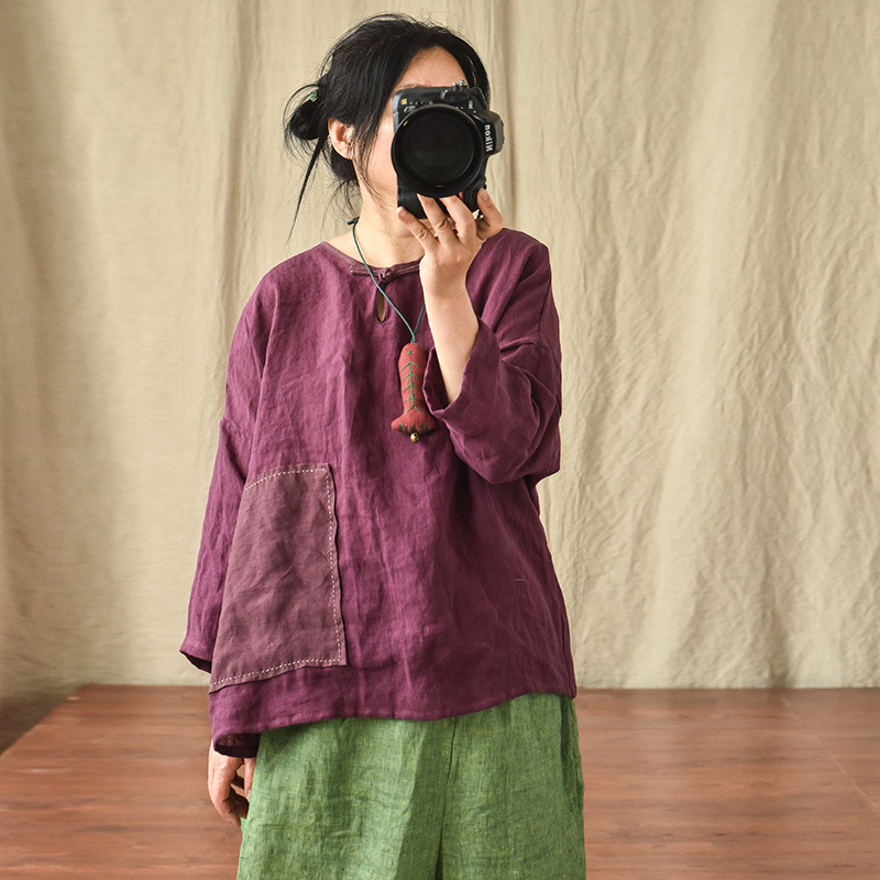 Original Plus Size Patchwork Design Round Neck Short Sleeve Linen Shirt