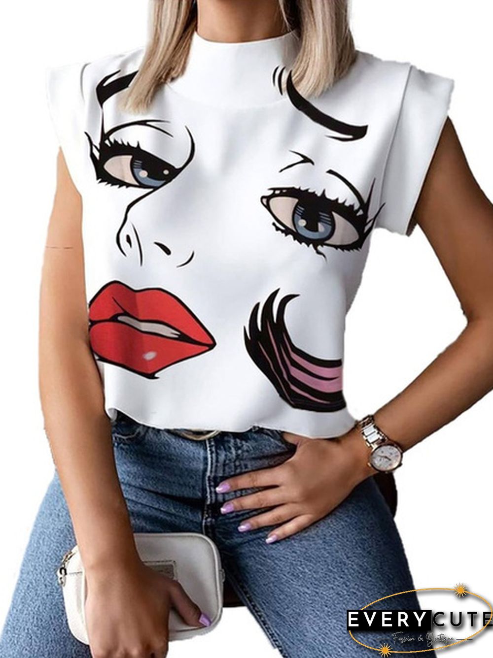 S-2XL New Fashion Women Elegant Lips Print Tops and Blouse Shirts Summer Ladies Office Casual Stand Neck Pullovers Eye Blusa Tops