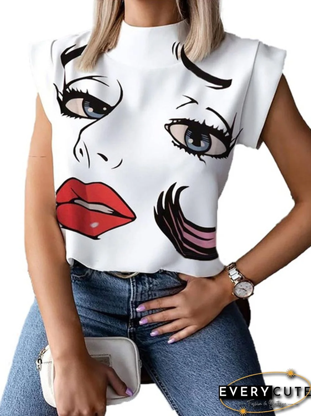 S-2XL New Fashion Women Elegant Lips Print Tops and Blouse Shirts Summer Ladies Office Casual Stand Neck Pullovers Eye Blusa Tops
