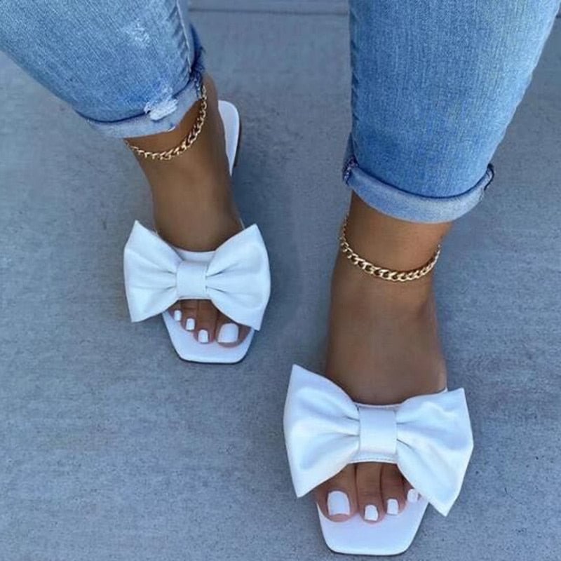 Summer Female Bowknot Slippers Square Toe Fashion Soft PU Flat Leather Women Outside Beach Causal Slides Ladies Shoes Woman 2021