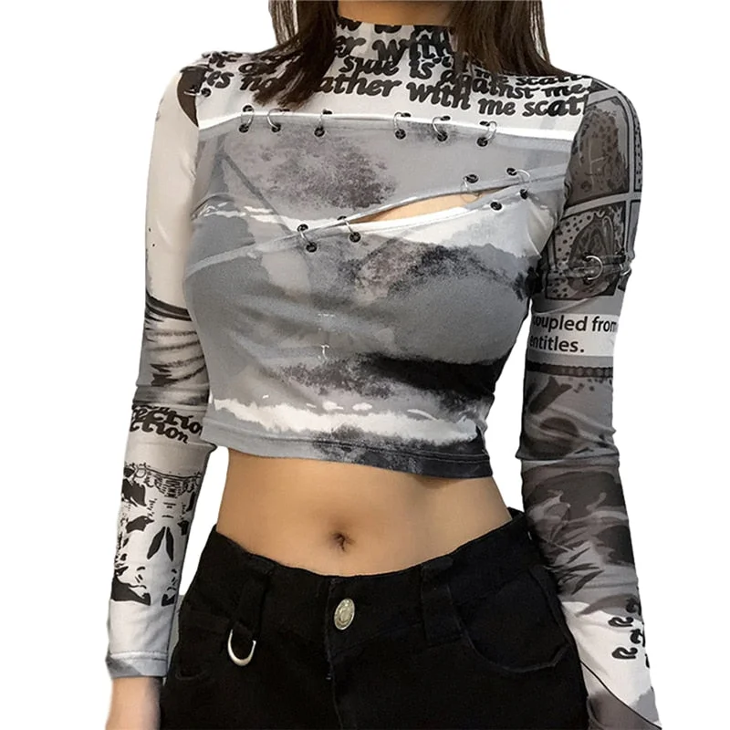 2021 Fairy Grunge Shirt Basic Mesh Print Top Women E Girl Gothic Punk Style T-shirts Tees Clothes Street Tops Womens Clothing