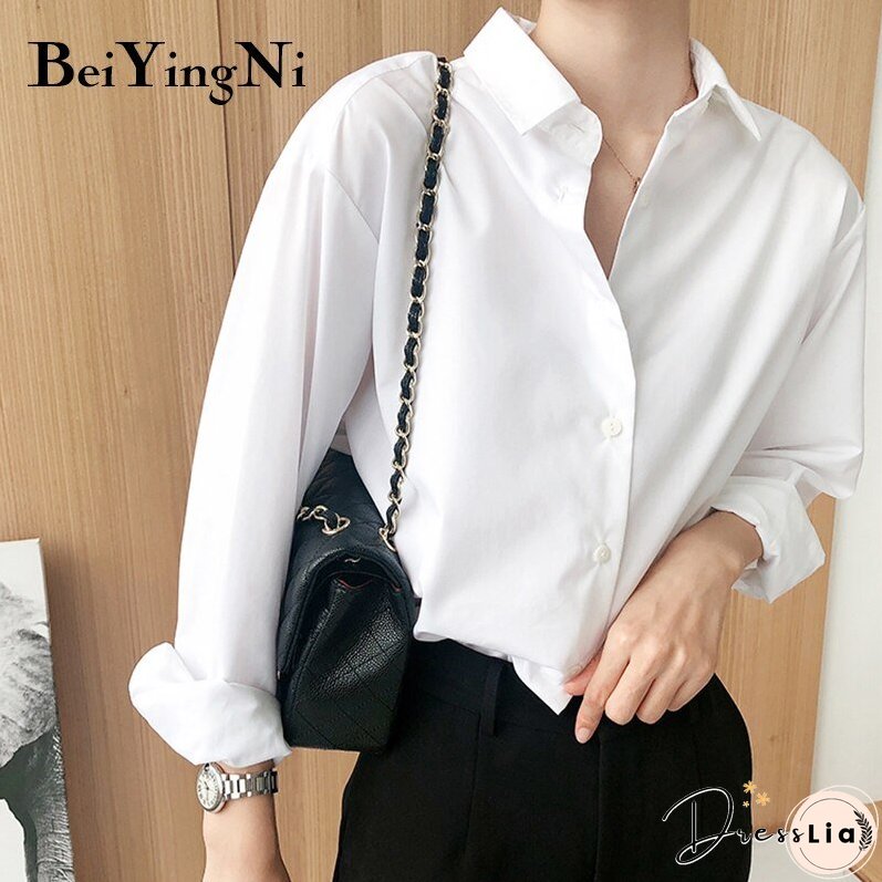 Christmas Gift Beiyingni Vintage Cotton Shirts Female Plain Casual Loose Korean Long Sleeve Blouses Women Plus Size Harajuku Chic Elegant Tops