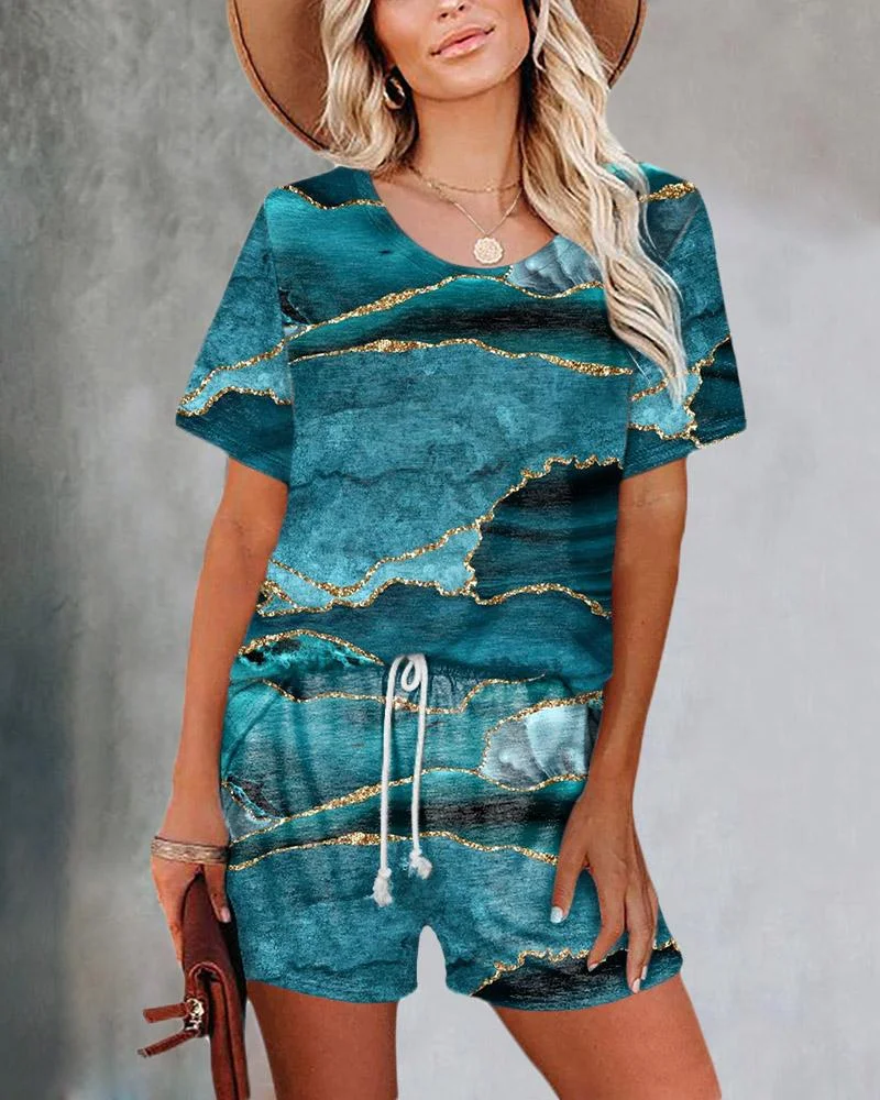 Women's Casual Printed Short Sleeve Suits-030715