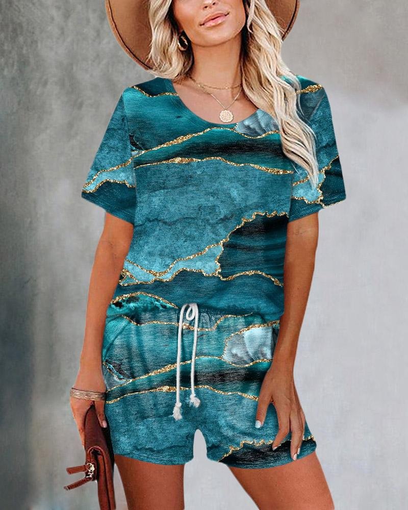 Women's Casual Printed Short Sleeve Suits-030715