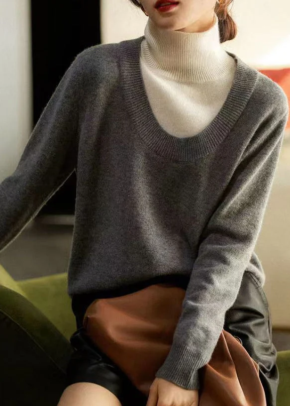 Casual Grey Hign Neck Thick Patchwork Woolen Knit Pullover Fall