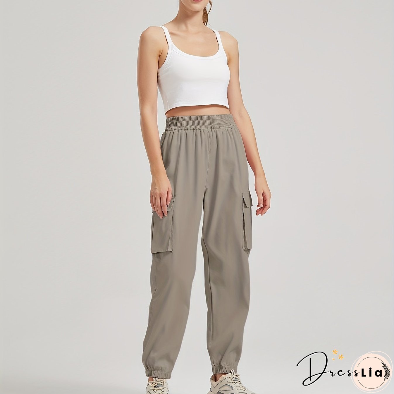 Solid Color Casual Joggers Sweatpant, Cargo Loose High Waisted Pants With Pockets, Women's Athleisure
