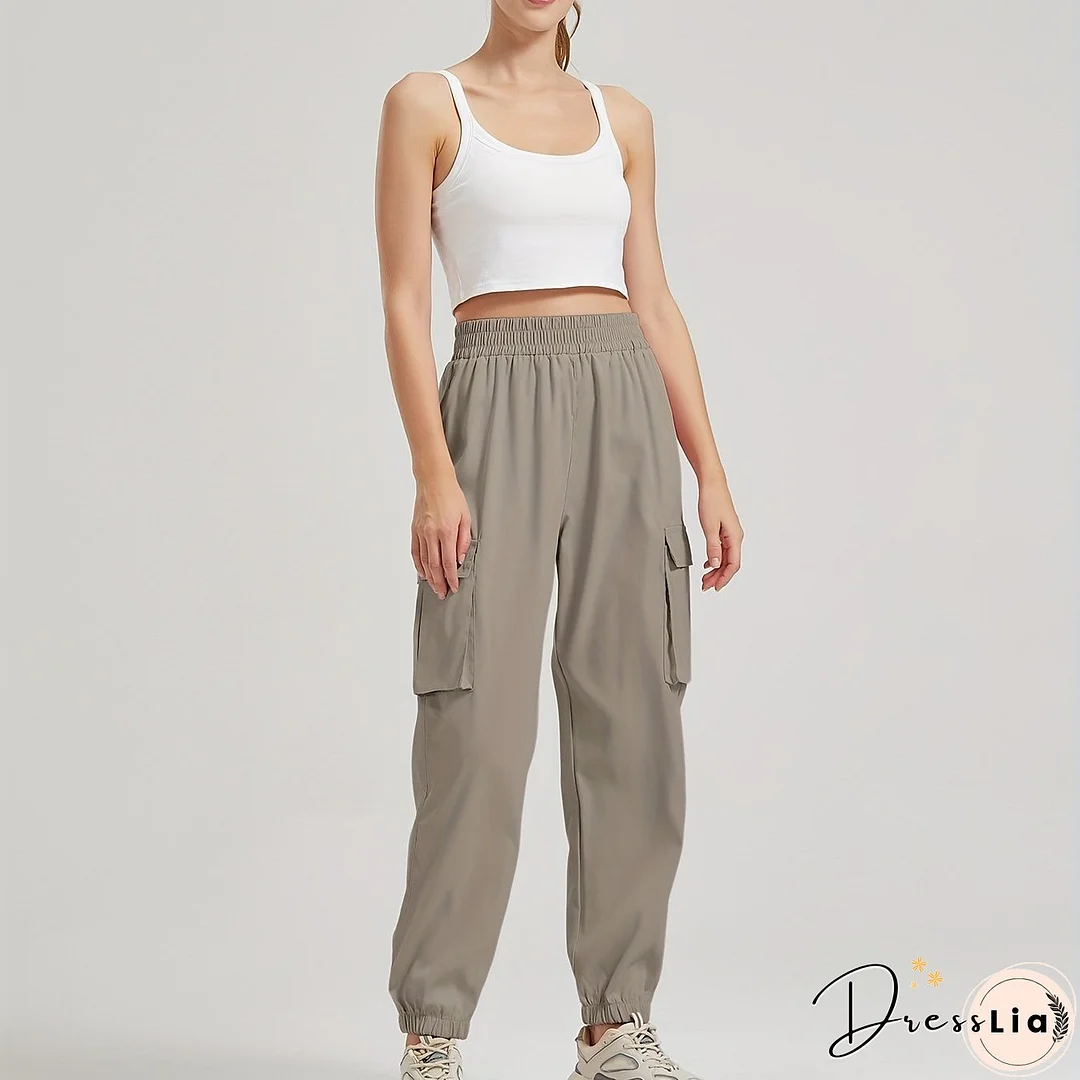 Solid Color Casual Joggers Sweatpant, Cargo Loose High Waisted Pants With Pockets, Women's Athleisure
