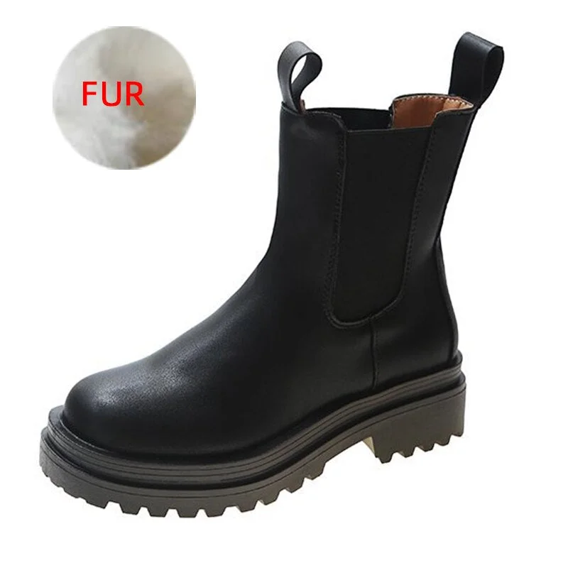 Street Trend Women Short Tube Chelsea Boots Black Slip-on Ladies Punk Ankle Boots Leisure PU Rain Boots Women Fur Platform Shoes
