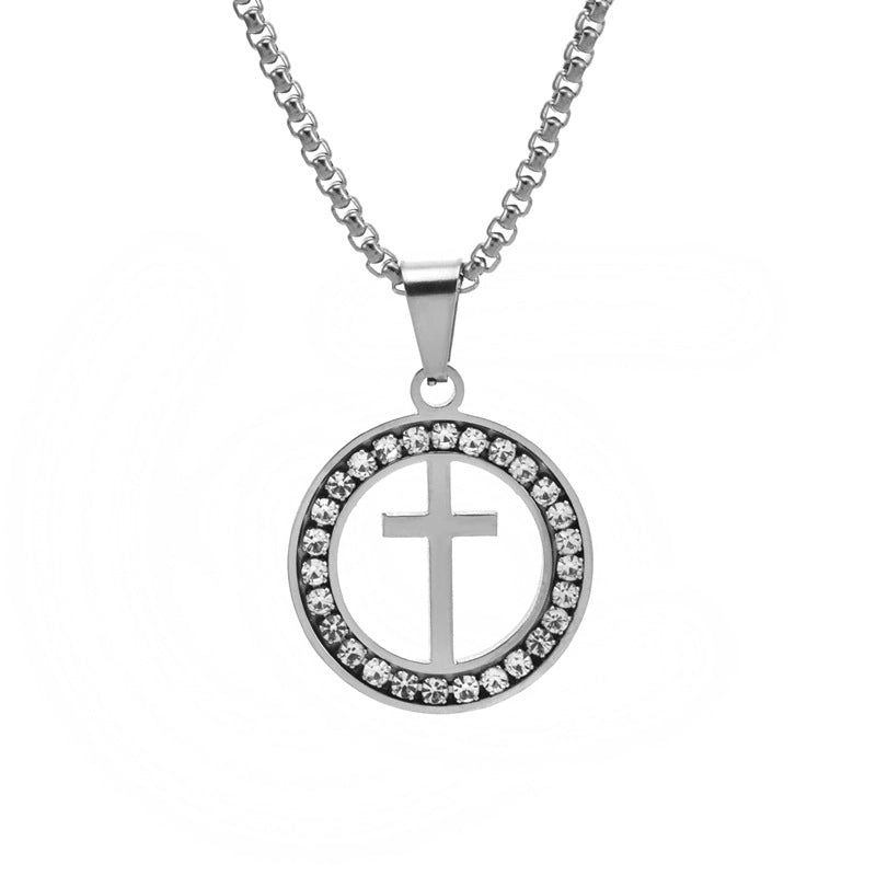 Minimalist Cross Round Stainless Steel Plating Hollow Out Inlay Zircon Unisex Pendant Necklace