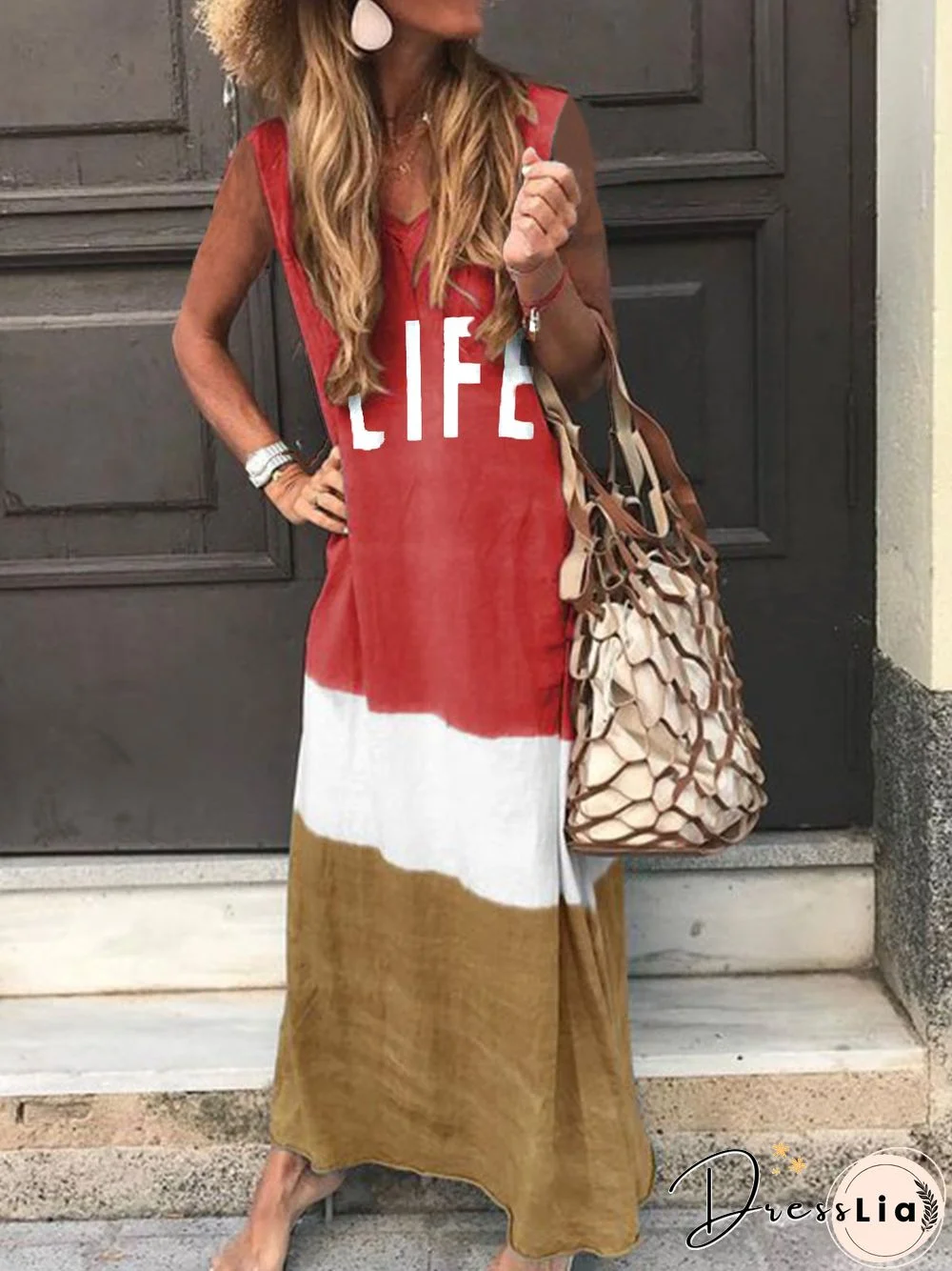 Maxi Knitting Dress Striped Sleeveless Cotton-Blend Knitting Dress For Women