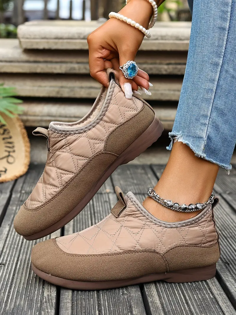 women s cozy slip-on winter boots - warm fleece-lined round-toe ankle boots with chunky sole, brown casual boots for casual attire, winter footwear | cozy slipon boots | durable pvc sole details 1