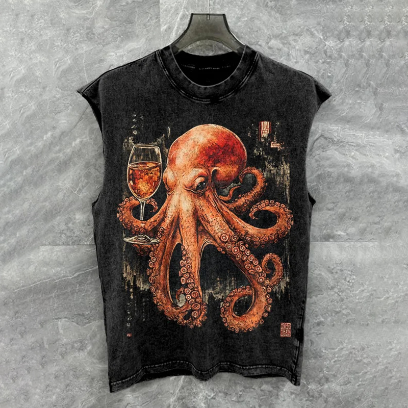 Men's Octopus Drinks Wine Graphic Print Tank Top