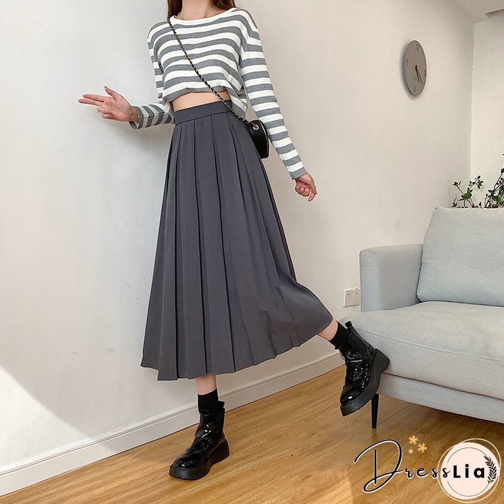 Vintage Pleated Midi Skirt Fashion High Waist Gothic Skirt Women Spring Casual Korean A-line Elastic Solid All-match Skirt New