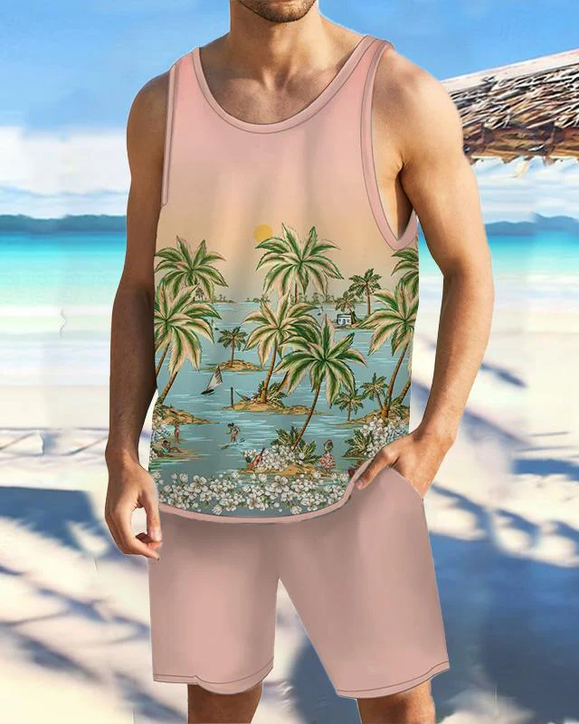 Men's Casual Resort Printed Vest Set 013