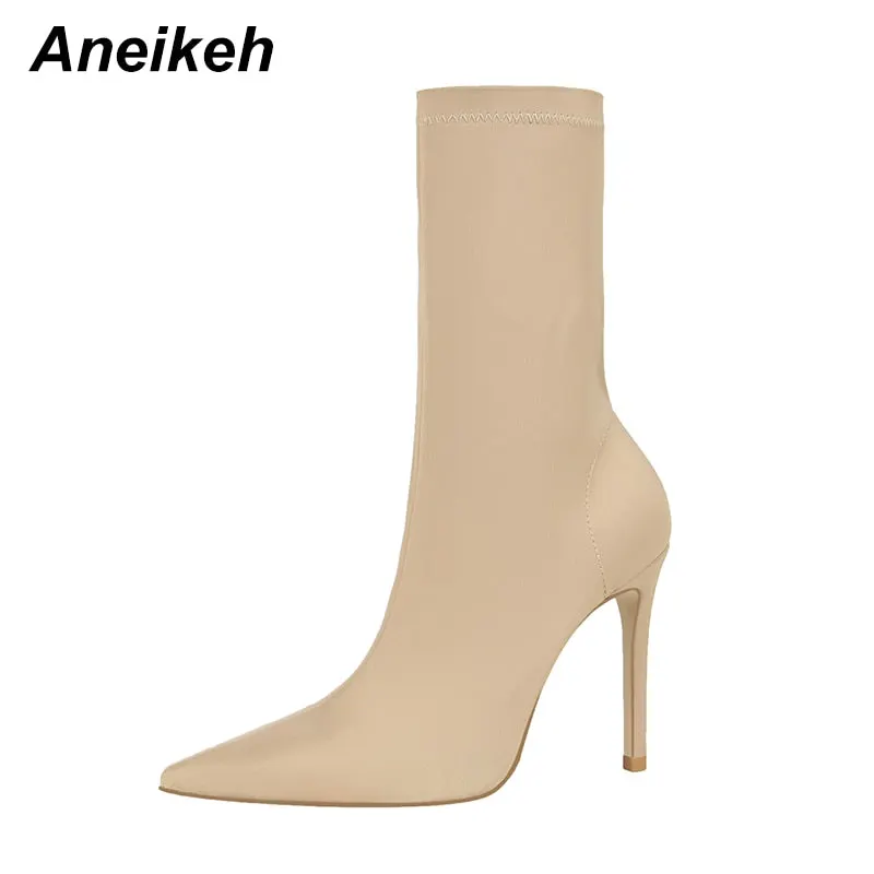 Aneikeh New Boots Women 2021 Autumn Fashion Ankle Pointed Toe Shoes Stretch Cross-Tied Lace-Up Stiletto High Heel Botas Mujer 42