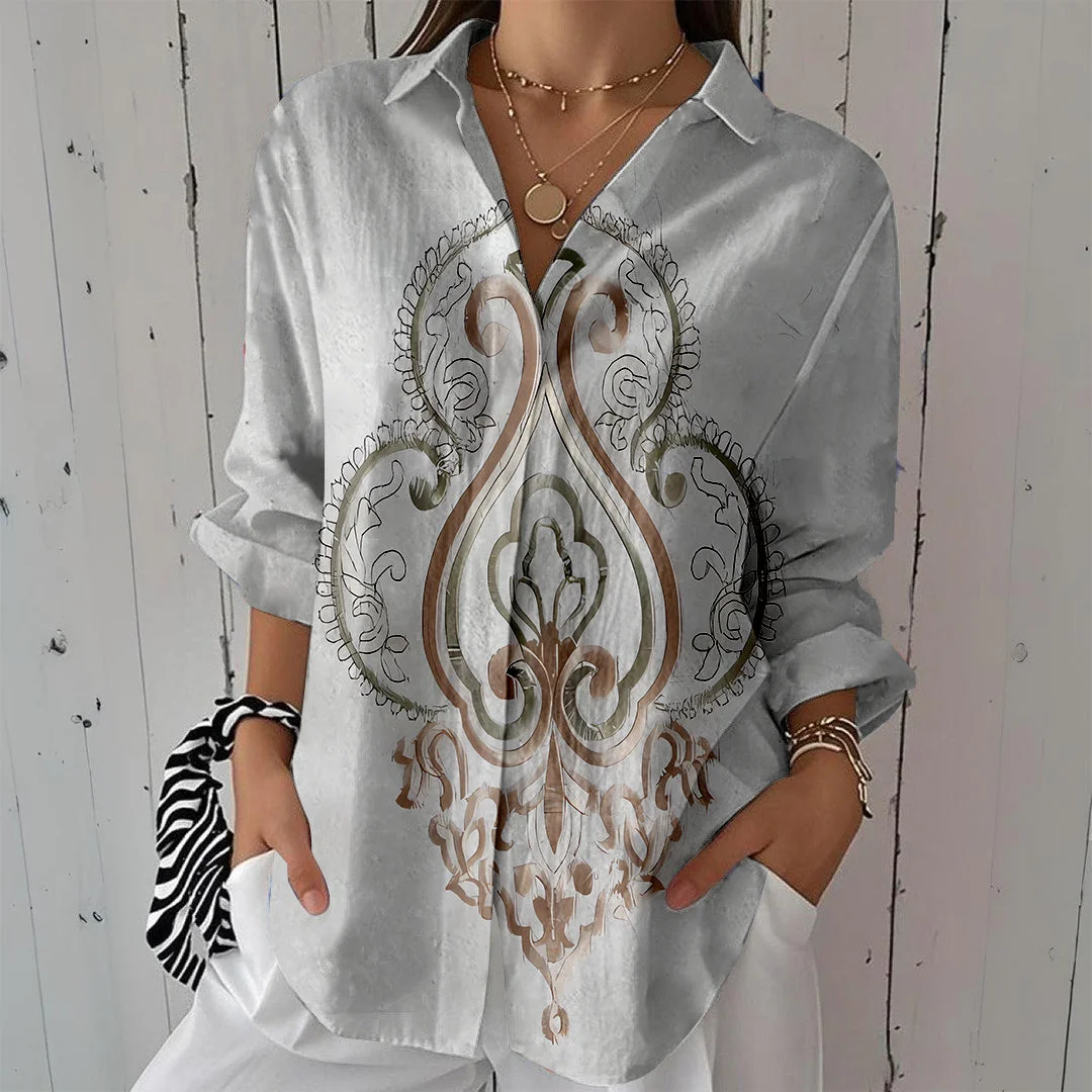 Style & Comfort for Mature Women Women Bohemian, Retro, Off-White DZCL0450 3/4 Sleeve Shirt Collar Printed Button Tops