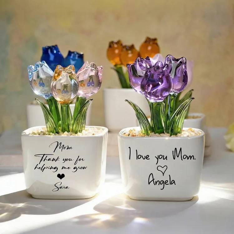Glass Everlasting Tulips, Mom Flower Gift, Hand Blown Glass Potted, Mothers Day Gifts