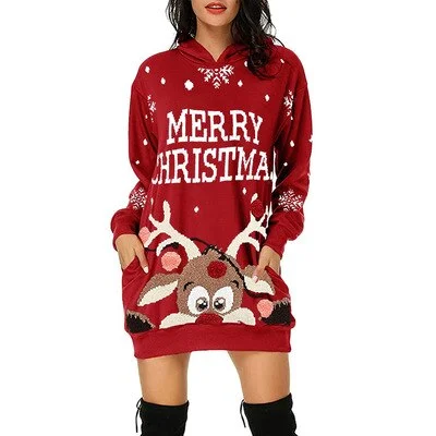 Christmas Dress Women Casual Long Sleeve Printed Sweatshirts Dress Plus Size Sexy Evening Pullover Hooded Party Female Dresses