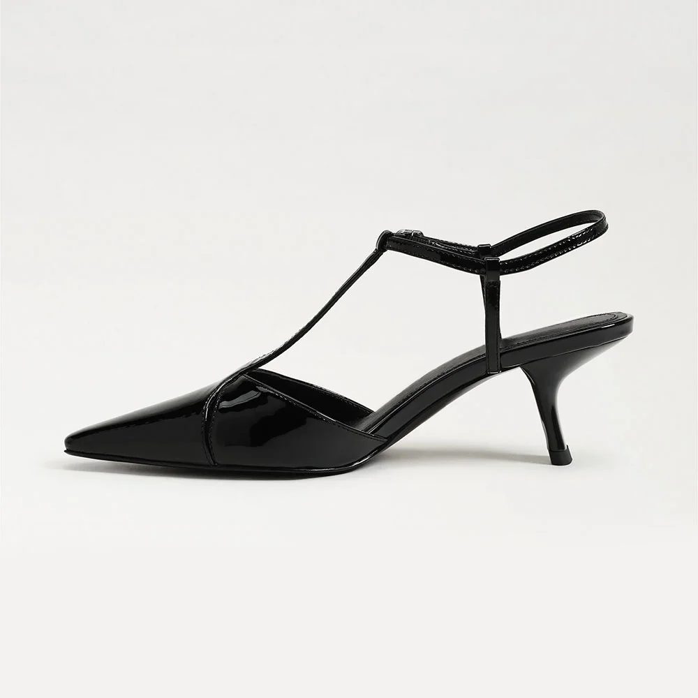 Patent Leather Pointed Toe T-Strap Chunky Heel Black Pumps with Buckle