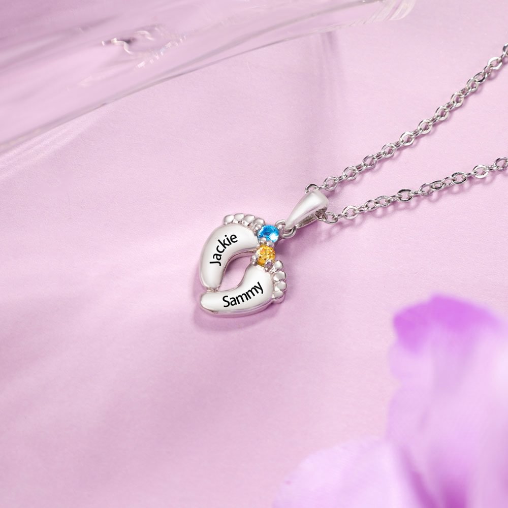 Baby Feet Necklace Birthstones Engraved Names or Date Necklace