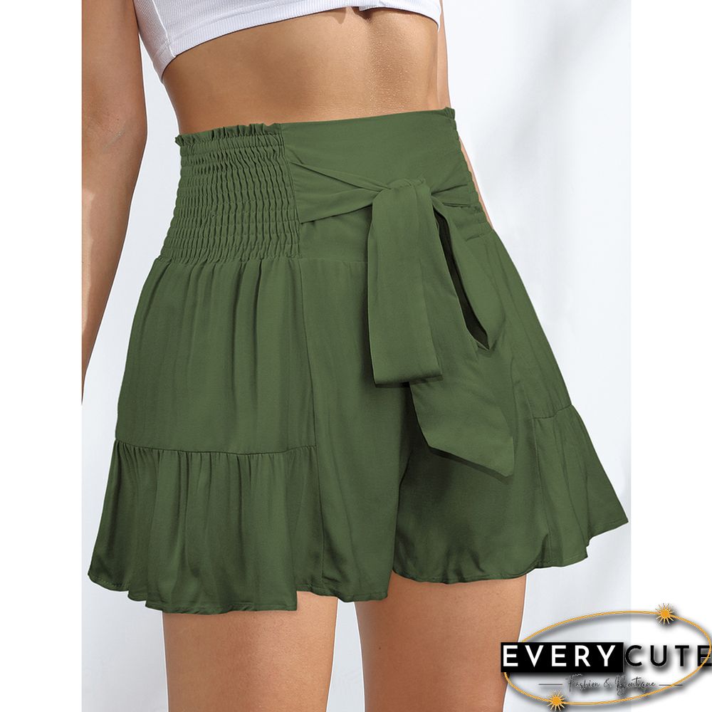 Green Ruffle Hem Tie Waist Wide Leg Culotte