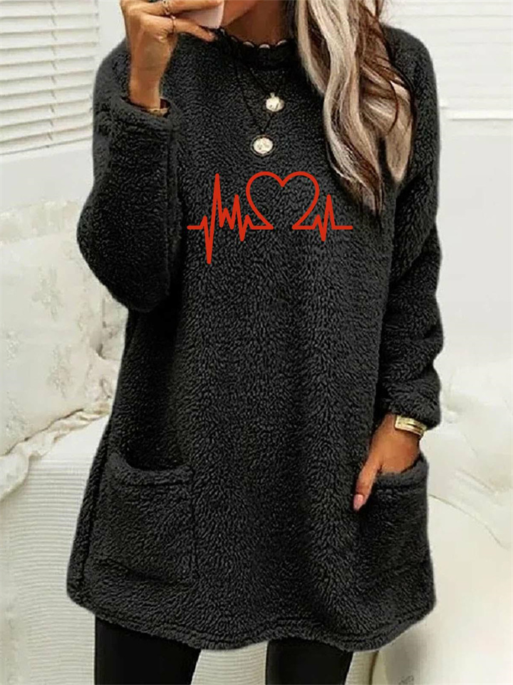 Women's new fall and winter loose long-sleeved love print double-sided velvet pocket round neck sweater S-3XL | 168DEAL