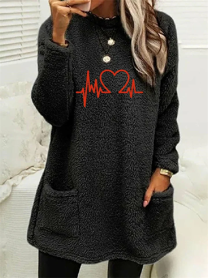 Women's new fall and winter loose long-sleeved love print double-sided velvet pocket round neck sweater S-3XL