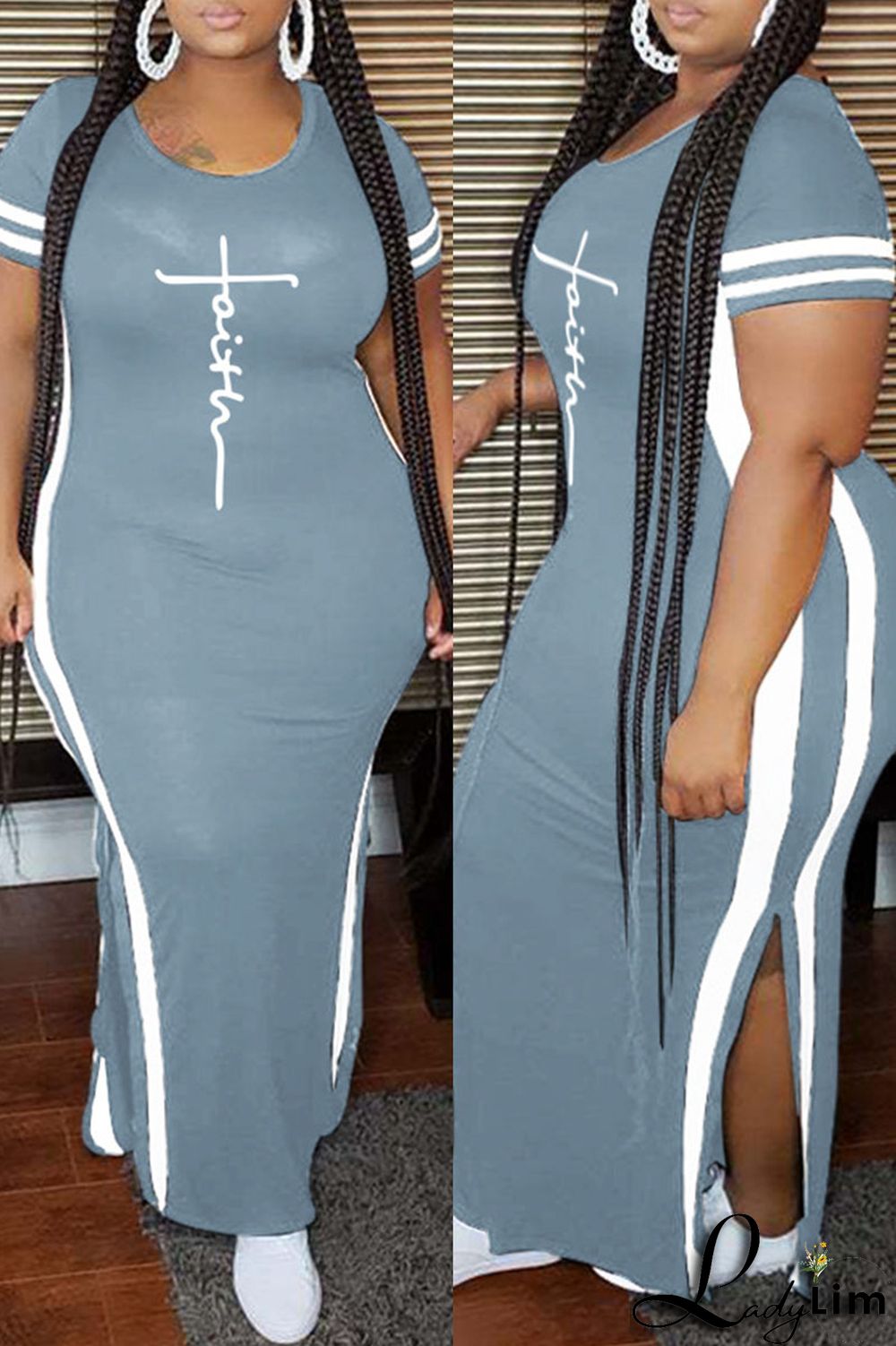 Tibetan Blue Fashion Casual Plus Size Print Slit O Neck Short Sleeve Dress