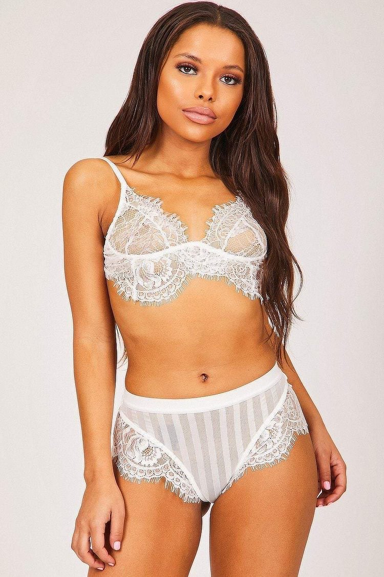 White Stripe & Lace Bra & Knickers Set Katch Me