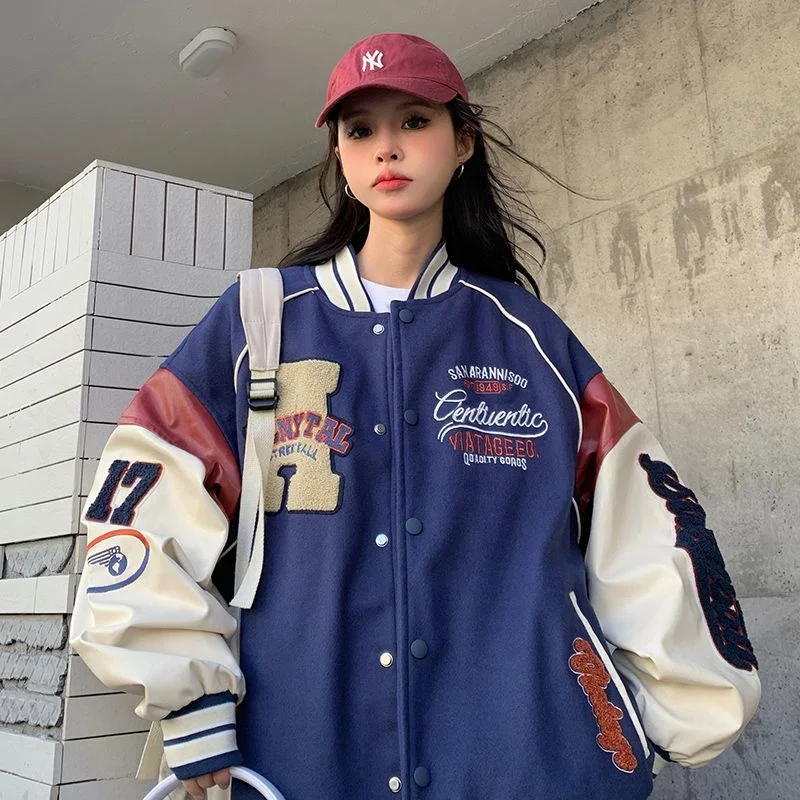 Huibahe Vintage Bomber Jacket Women Harajuku Varsity Baseball Jackets Korean Fashion College Uniform Oversized Streetwear Y2k