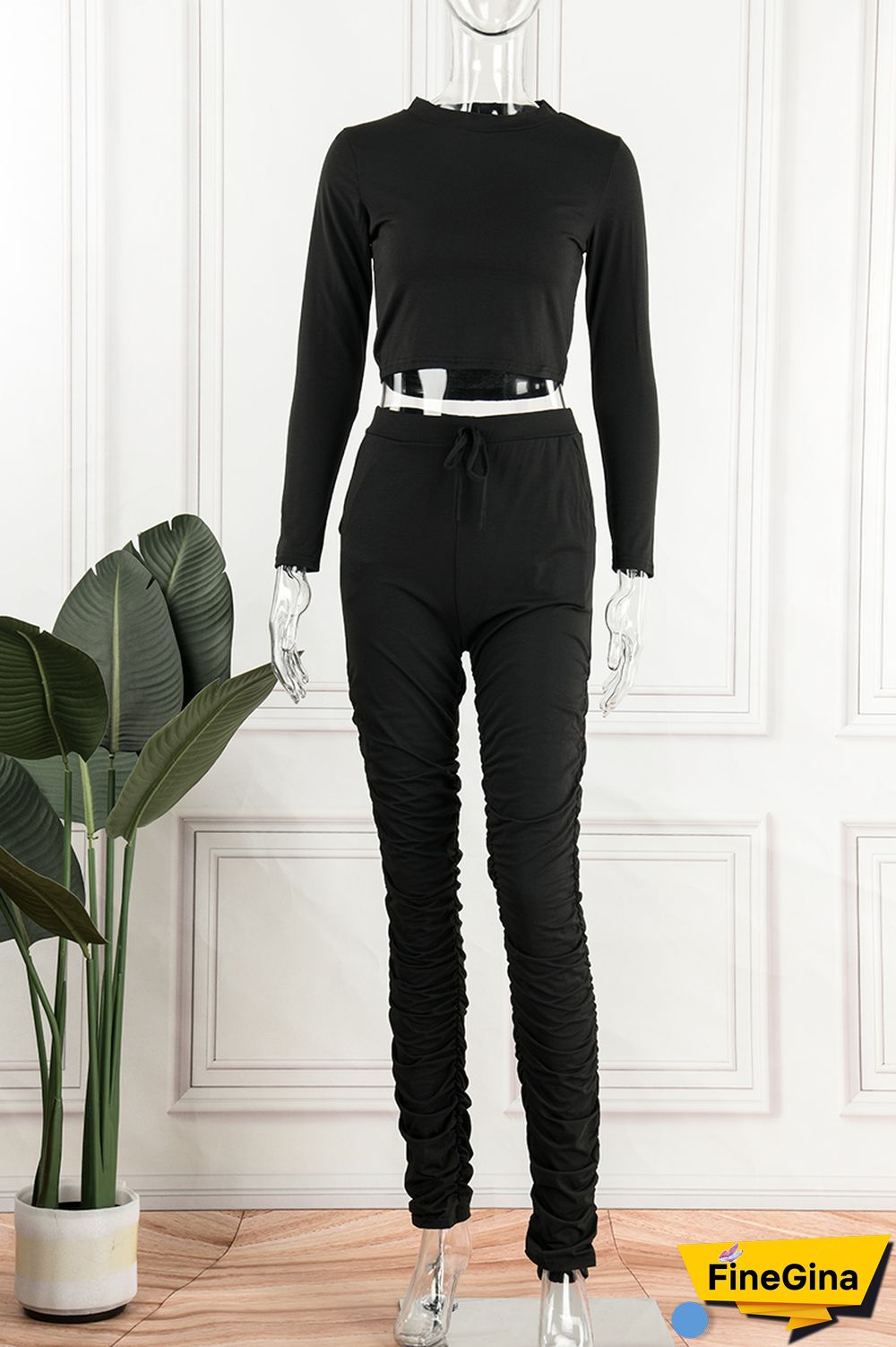 Yellow Casual Solid Basic O Neck Long Sleeve Two Pieces