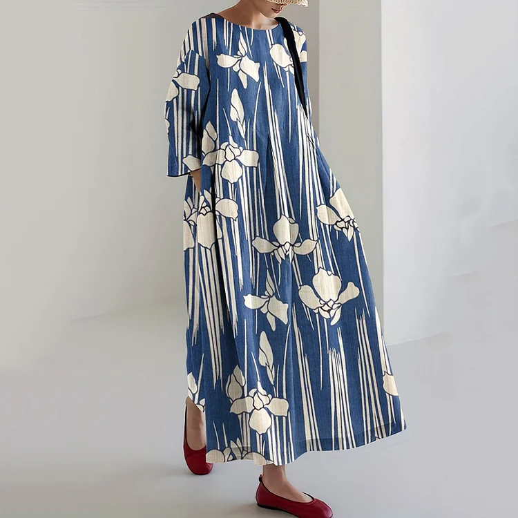 Utbros Japanese Art Iris Print Loose Midi Dress
