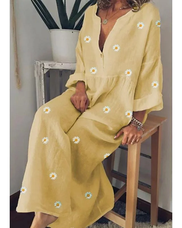 Women's A-Line Dress Maxi Long Dress Long Sleeve Floral Spring Summer Cotton Yellow Green Light Blue M