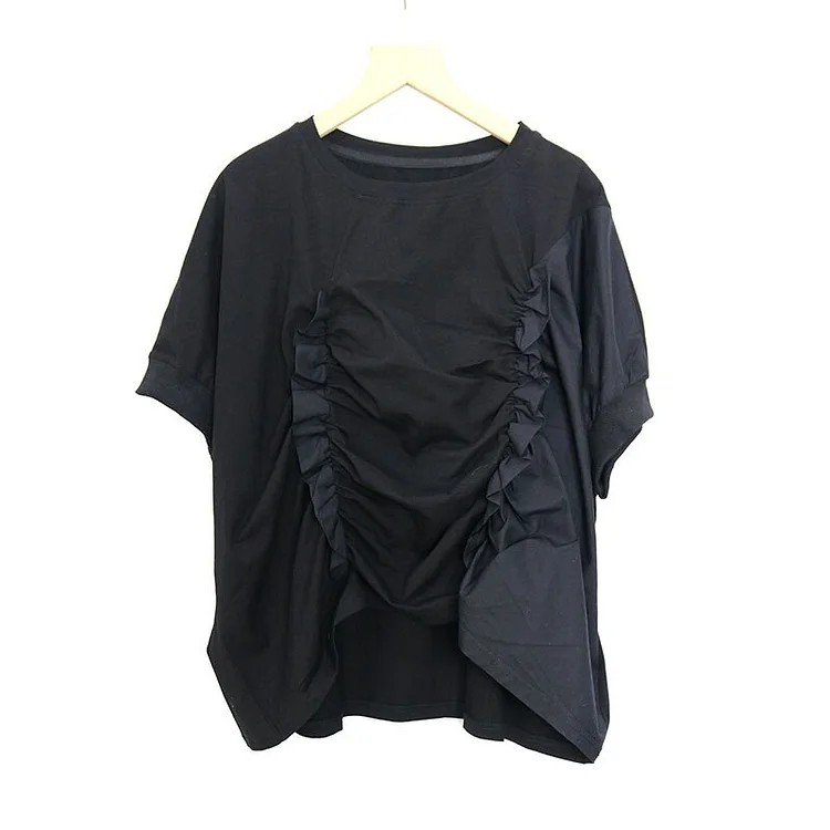 Fashion Loose Solid Color O-neck Fungus Edge Decor Folds Short Sleeve T-Shirt      