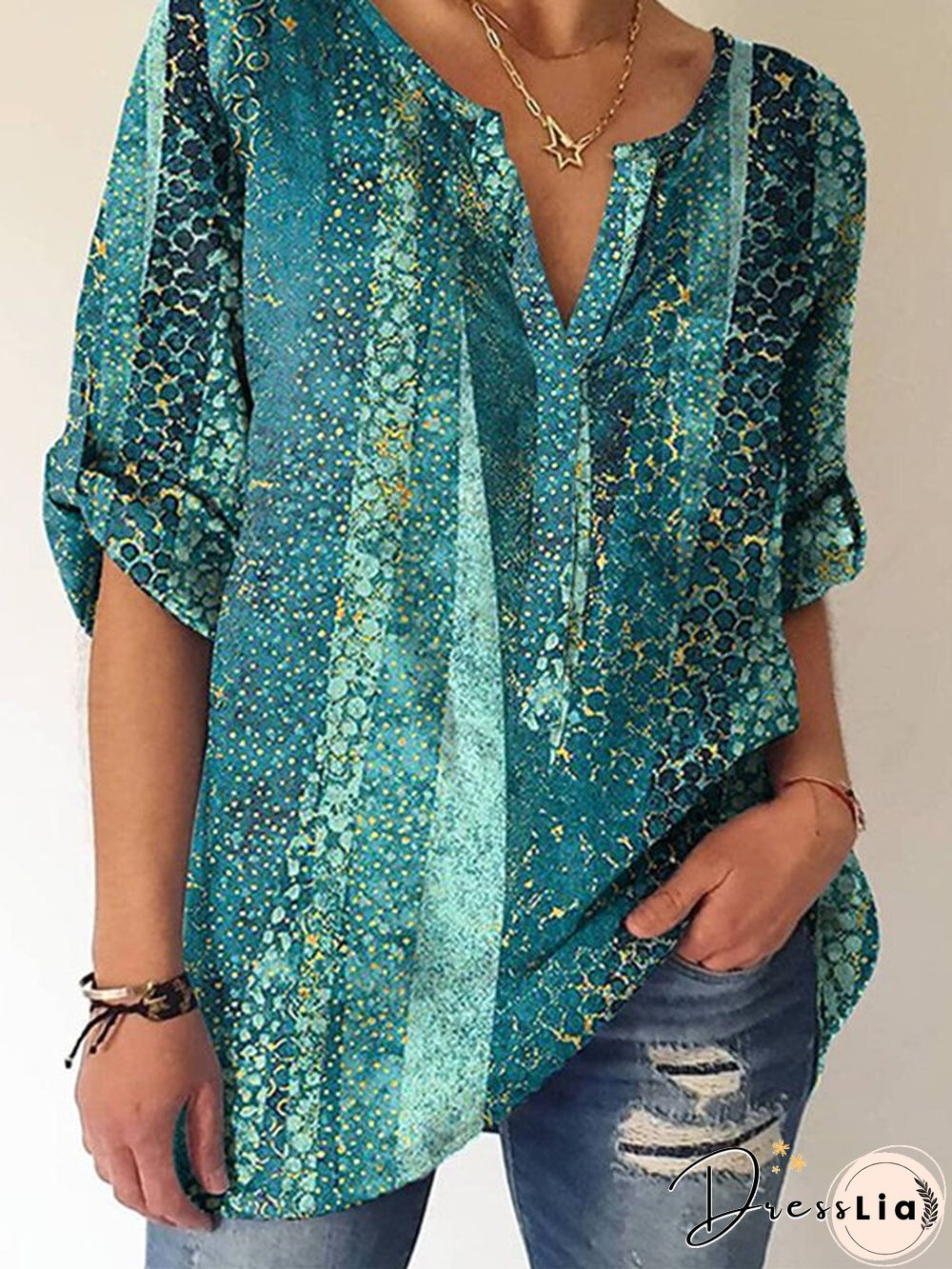 Casual Ethnic Autumn V neck Lightweight Daily Loose H-Line Regular Size Tops for Women