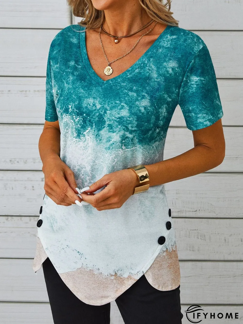 V Neck Vacation Regular Fit Short Sleeve T-Shirt | IFYHOME