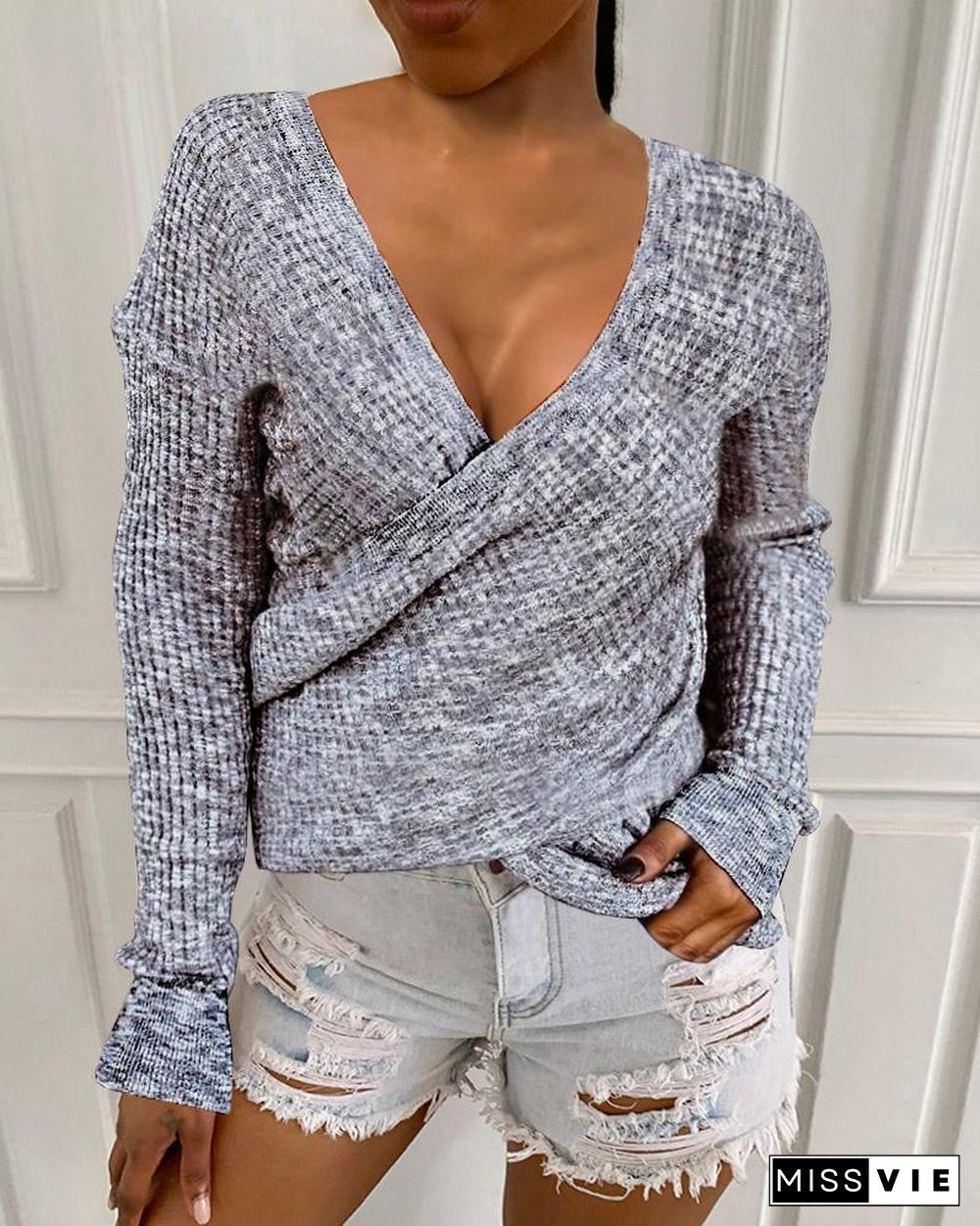 Long Sleeve Ribbed Surplice Casual Sweater P13329