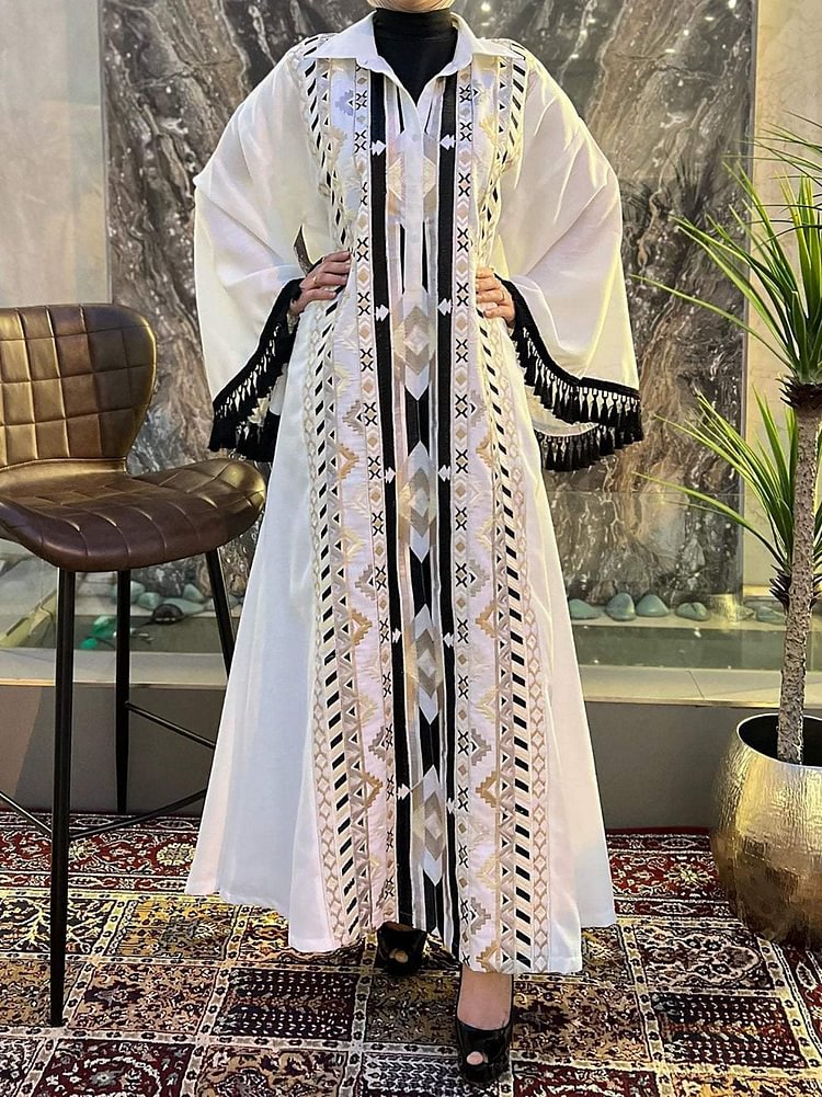 Fringed Geometric Print Lapel Dress