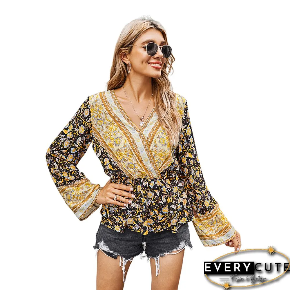Yellow V Neck Holiday Floral Print Blouse
