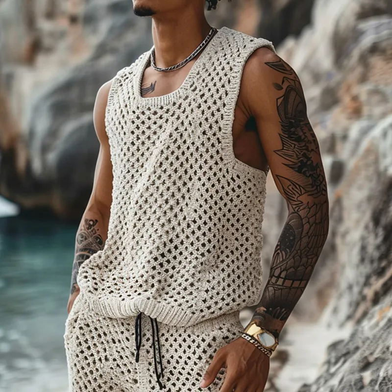 Men's Leisure Turn-down Collar Fitted Stripe knitting Tank Tops And Shorts Sets