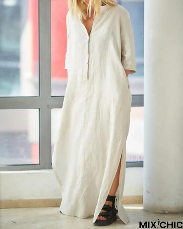 Women's Shift Dress Maxi Long Dress 3/4 Length Sleeve Solid Color Summer Hot Casual White Black Orange Khaki White Dresses Linen